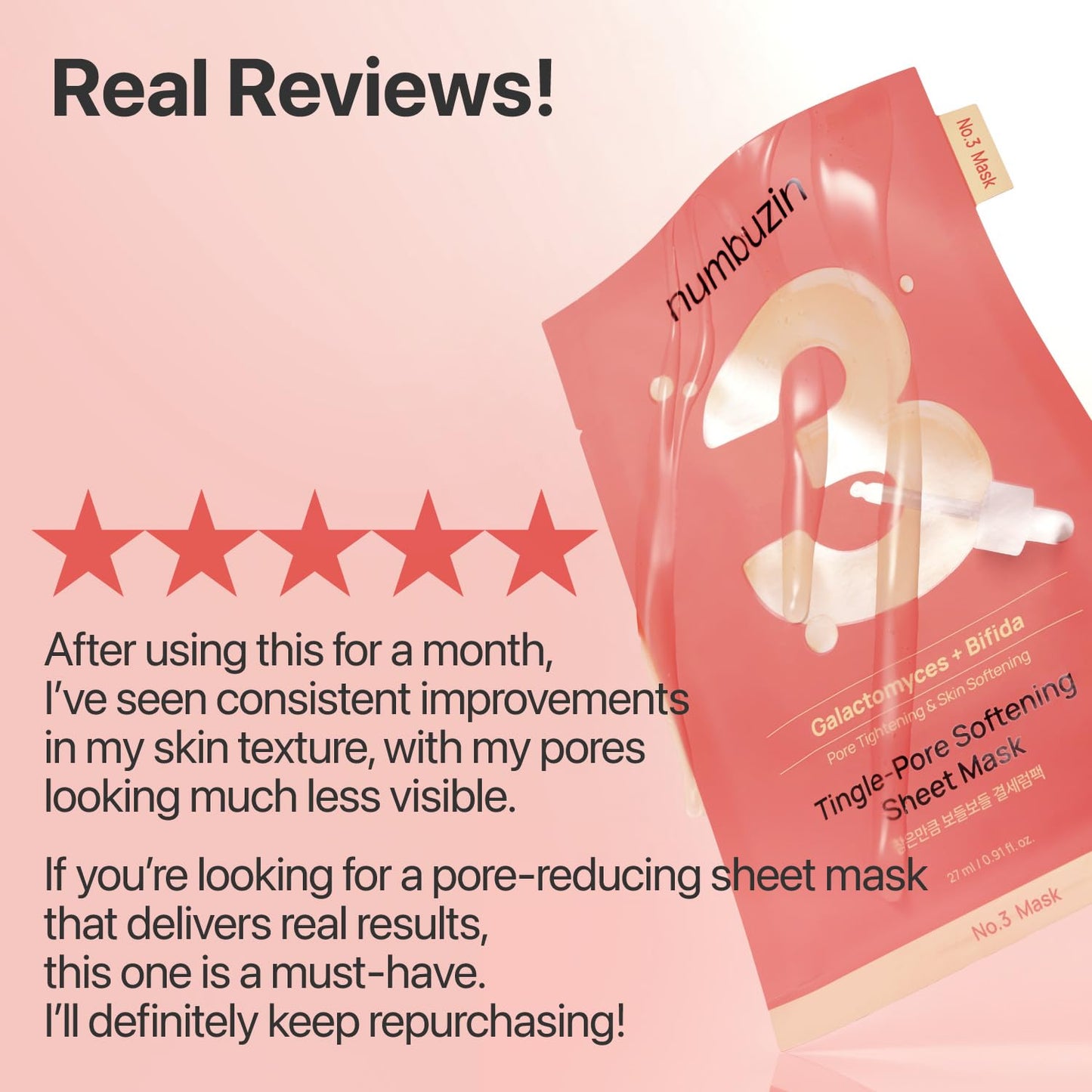 numbuzin No.3 Sheet Mask | 5 Sheets | Tingle-Pore Softening Sheet Mask | Pore Minimizing, Skin Softening Face Mask with Bifidax | Hydrates, Smooths Rough, Bumpy Skin, Improves Glow | Korean Skincare