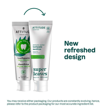 Attitude Fresh Breath Toothpaste with Fluoride, Peppermint Flavor, Vegan & Cruelty-Free, Sugar-Free, Plant & Mineral-Based Ingredients, Clean Oral Care, 4.2 Oz