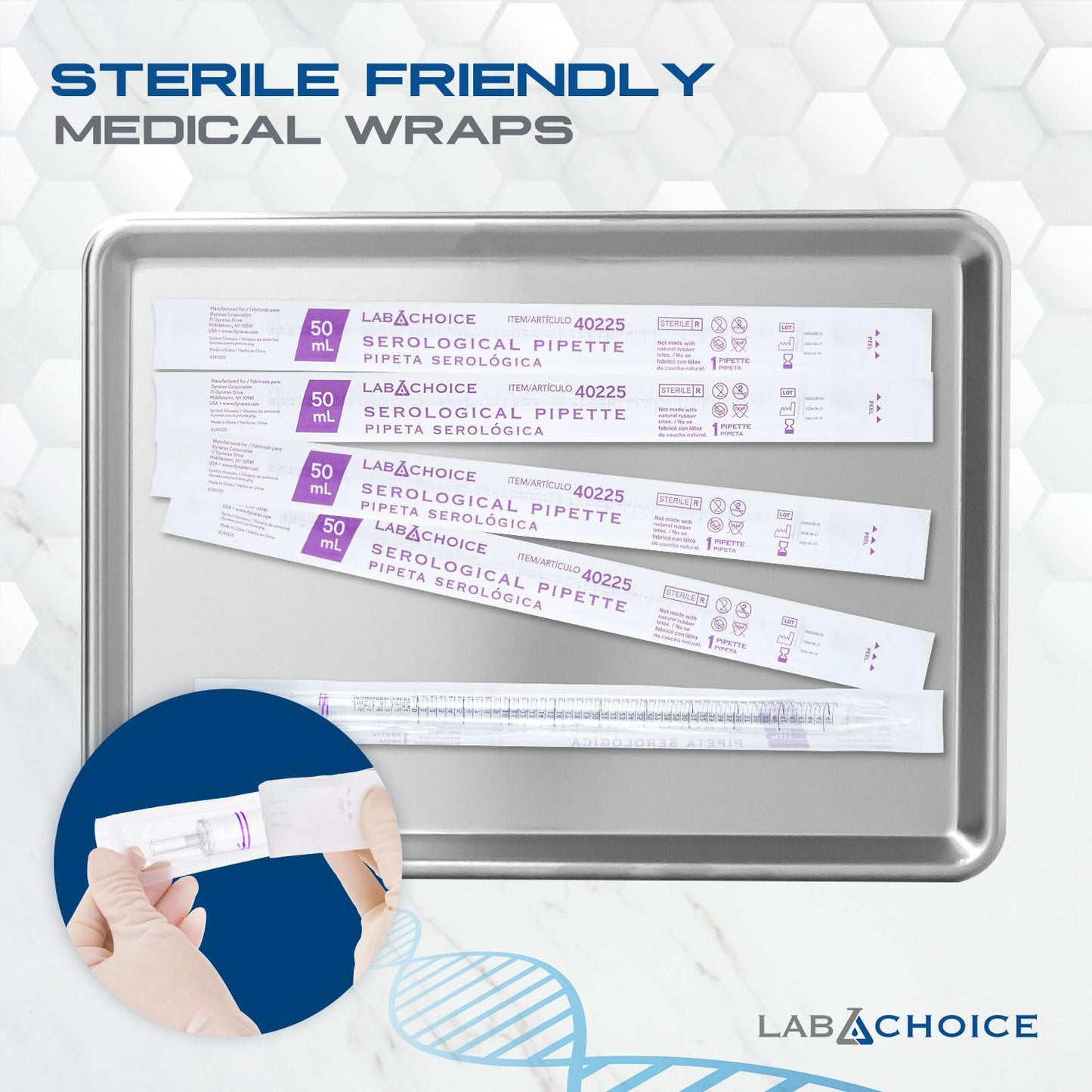 LabChoice Serological Pipettes - 100 Count - Plastic Disposable Sterile Pipettes, Individually Packed Graduated Transfer Pipette for Laboratory Use - 50mL, Purple