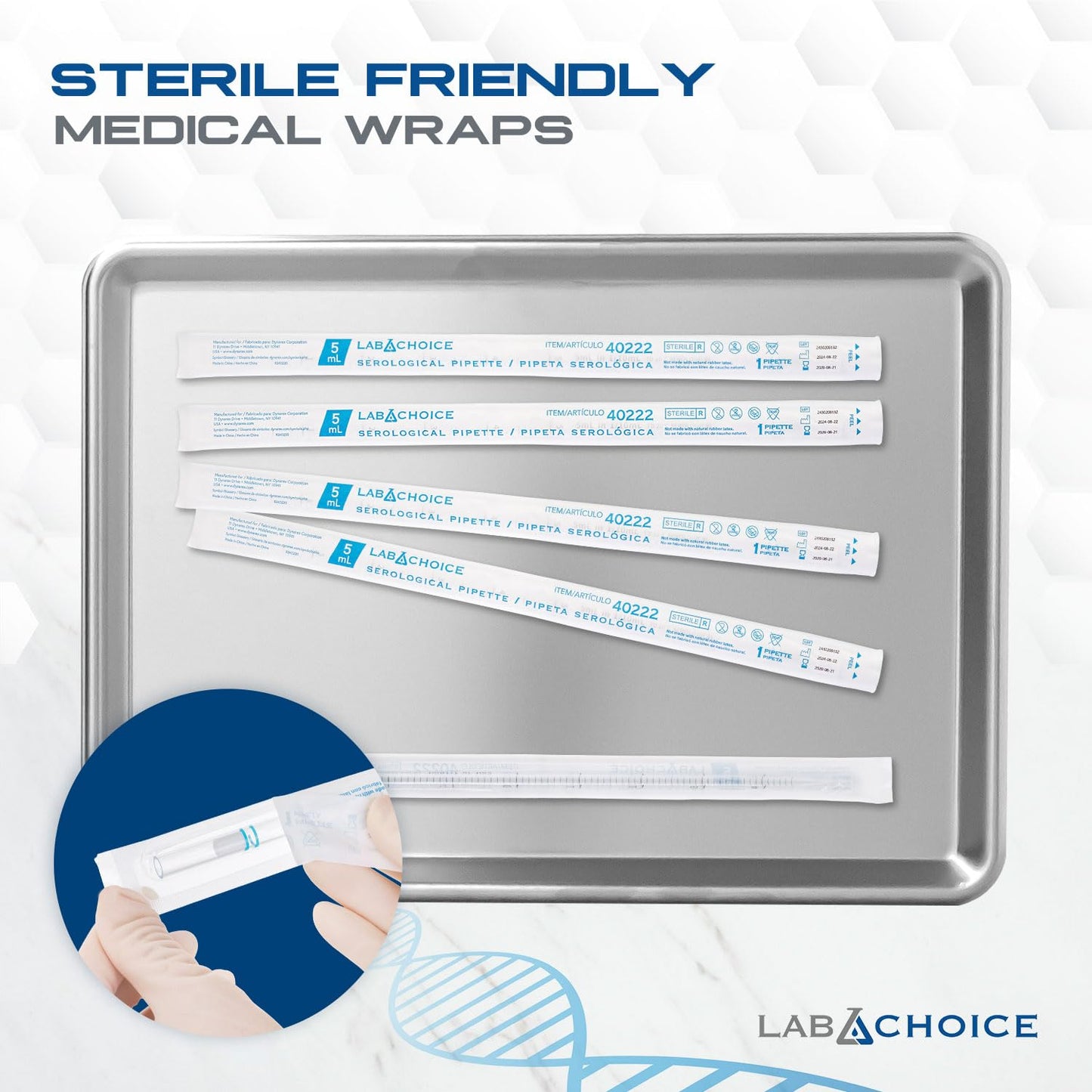 LabChoice Serological Pipettes - 200 Count - Plastic Disposable Sterile Pipettes, Individually Packed Graduated Transfer Pipette for Laboratory Use - 5mL, Blue