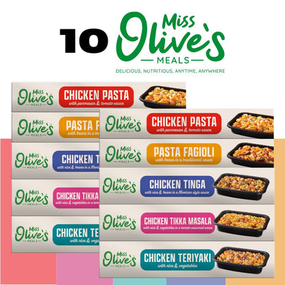 Miss Olive’s Ready Meals Variety Pack – 10 Pack (2 of Each Flavor) – Savory Entrées Including Tinga, Tikka, Teriyaki, Pasta Fagioli & Chicken Parm – Heat & Serve Microwave Meals, Larger Portions