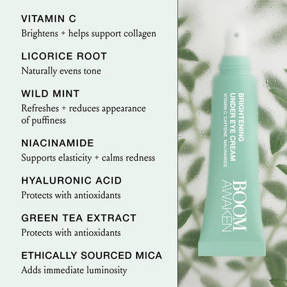 Boom Awaken Cooling Under Eye Cream - Targets Puffiness & Uneven Tone with Vitamin C, Licorice Root, Wild Mint, Green Tea & Hyaluronic Acid - Lightweight, Refreshing, Vegan Formula - 0.5 oz