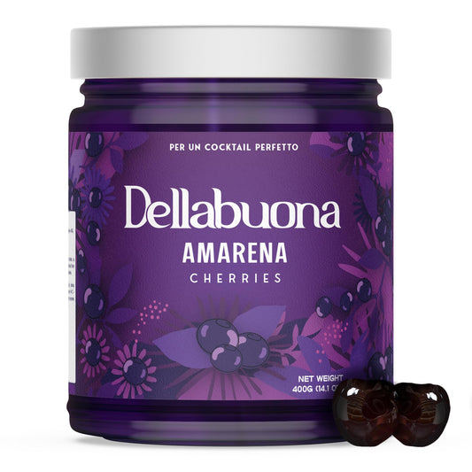 DELLABOUNA Amarena Cherries Jar Stems - Gourmet Italian Wild Cherry for Premium Cocktails Manhattans, Old Fashioned and Desserts. Rich Syrup. 400g Glass Jar (Pack of 1)
