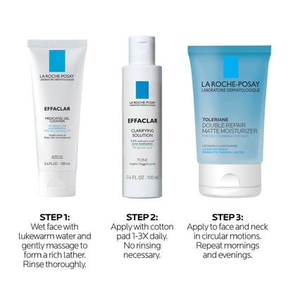 Effaclar Daily Acne Essentials Kit, Acne Treatment System, Salicylic Acid Acne Cleanser, Pore Refining Toner, & Matte Face Moisturizer for Oily Skin & Combination Skin, Oil-Free, 2 Month Supply