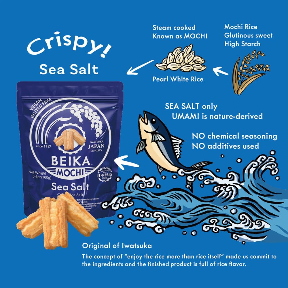 Sea Salt Flavor Japanese Rice Mochi Snack | Gluten-Free | Vegan | Made with 100% Japanese Rice and Sea Salt (160g)