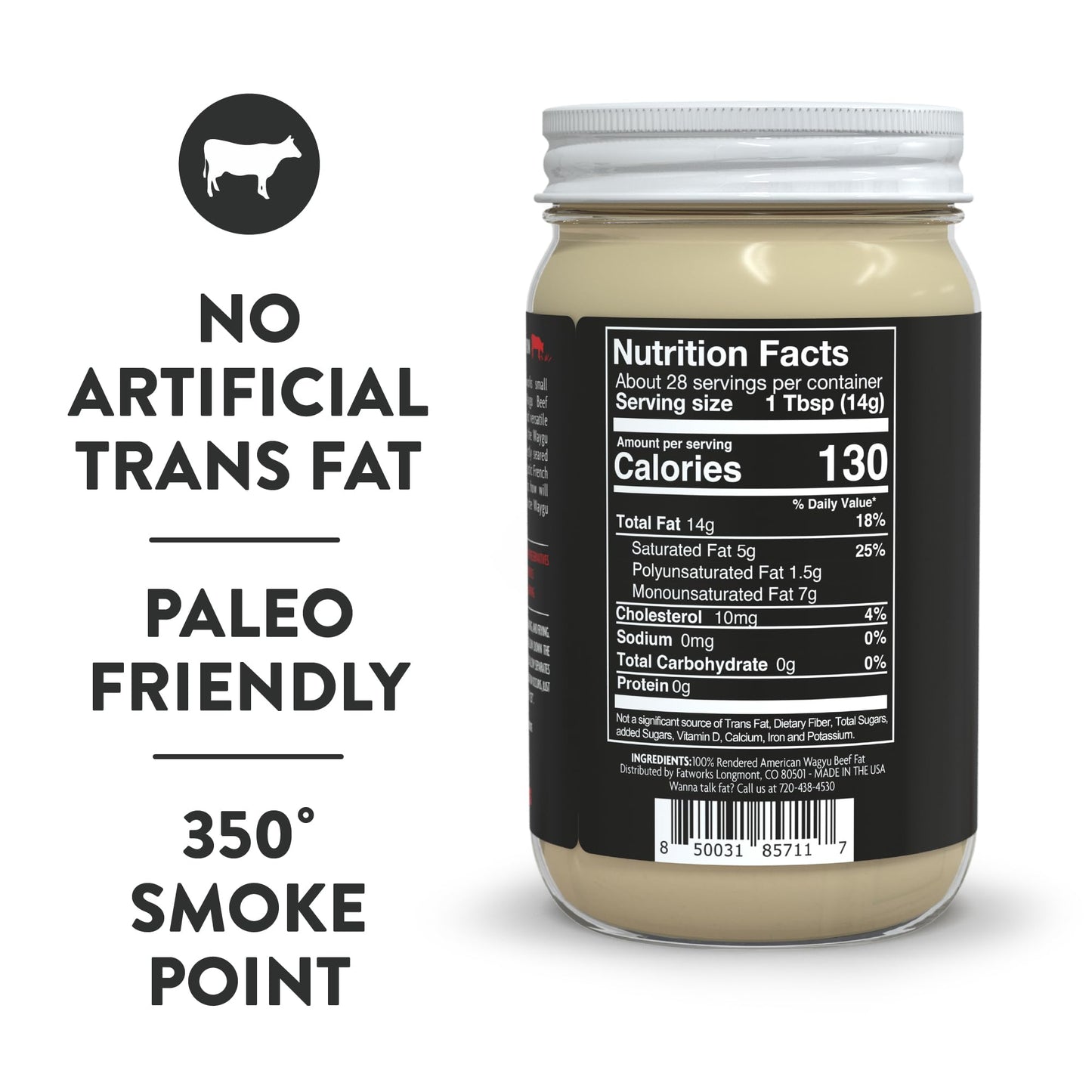 Fatworks 100% American Wagyu Tallow, Pit Master Secret Weapon, Certified Wagyu, KETO, PALEO, CARNIVORE, WHOLE30 friendly, Non-Hydrogenated, USA Sourced, 14 oz.