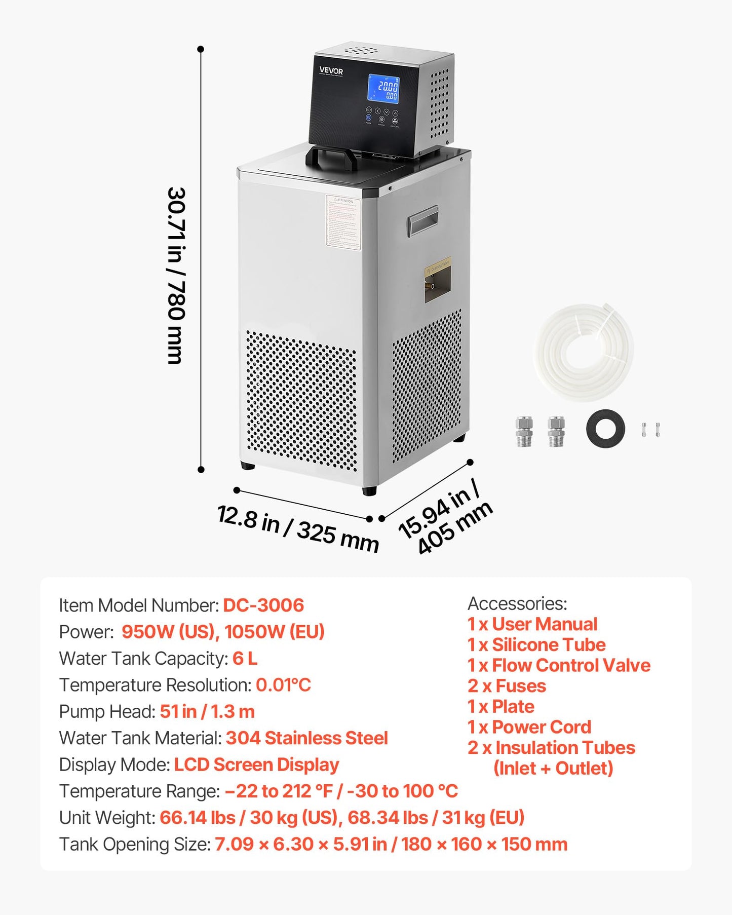 VEVOR Laboratory Chiller Circulator, -30℃-100℃, 6 L Internal and External Dual Circulation, Low Temperature Cooling Liquid Circulator Pump Chiller, Recirculating Chiller Water Bath for Laboratory