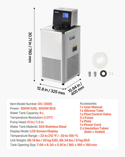 VEVOR Laboratory Chiller Circulator, -30℃-100℃, 6 L Internal and External Dual Circulation, Low Temperature Cooling Liquid Circulator Pump Chiller, Recirculating Chiller Water Bath for Laboratory