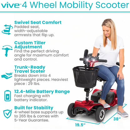 Vive 4 Wheel Mobility Scooter - Electric Powered Wheelchair Device - Compact Heavy Duty Mobile for Travel, Adults, Elderly - Long Range Power Extended Battery with Charger & Basket