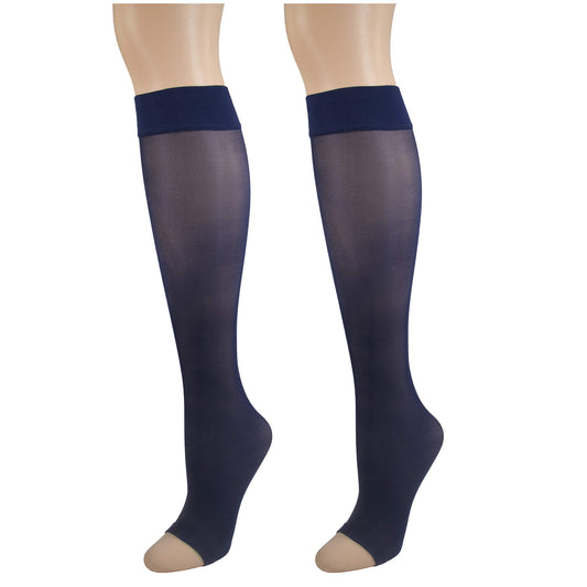 NuVein Sheer Compression Stockings for Women, 8-15 mmHg Support, Light Denier, Knee High, Open Toe, Navy, Large
