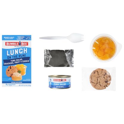 Bumble Bee Lunch On The Run Tuna Salad with Crackers Kit, 8.2 oz (Pack of 4) - Ready to Eat, Includes Crackers, Cookie & Peaches - Wild Caught Tuna - Shelf Stable & Convenient Source of Protein, Easy Open Can