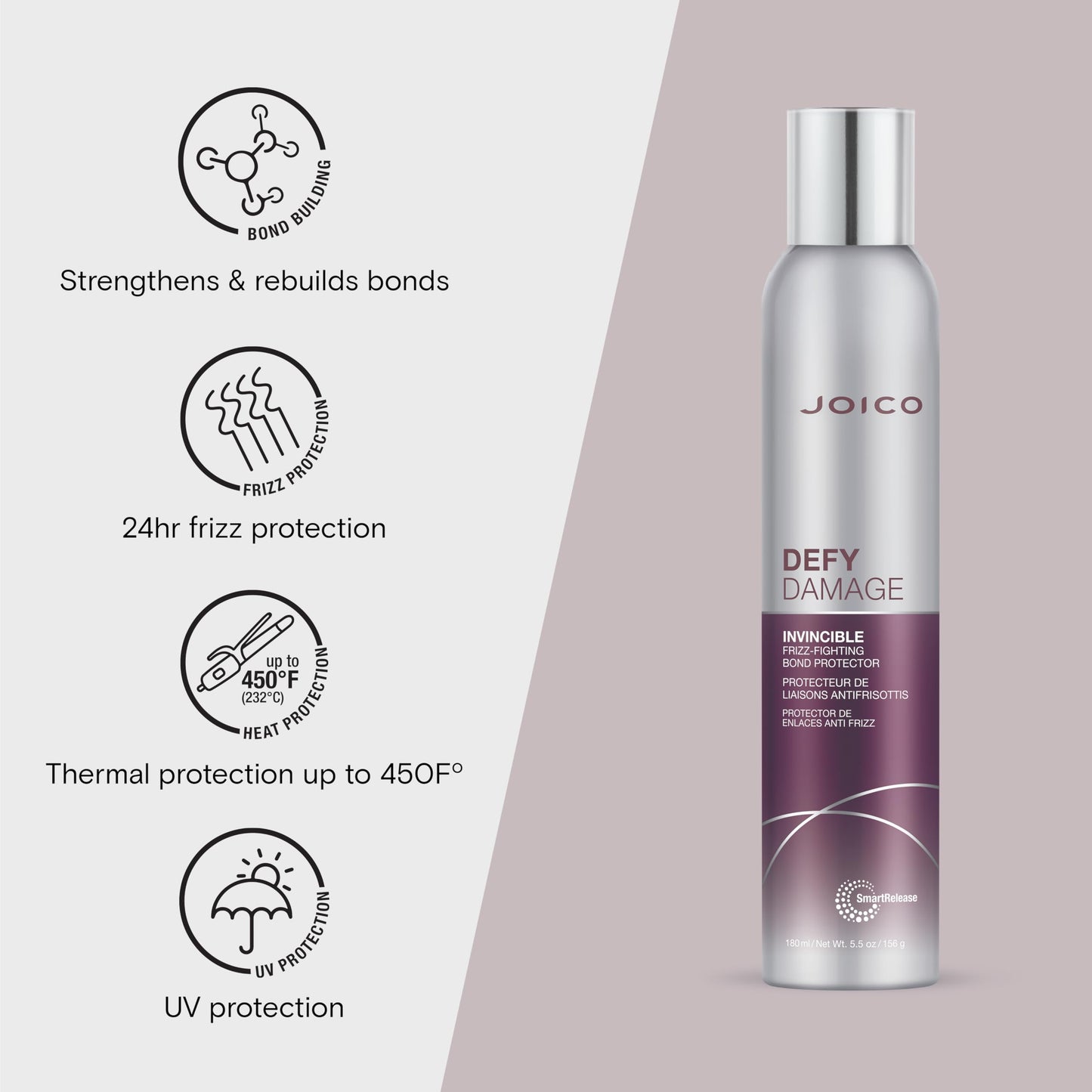 Joico Defy Damage Invincible Frizz-Fighting Bond Protector | 24 Hour Frizz Protection | Thermal Heat & Humidity Protection | Boost Shine | Reduce Breakage | Leave-In Spray | 180mL