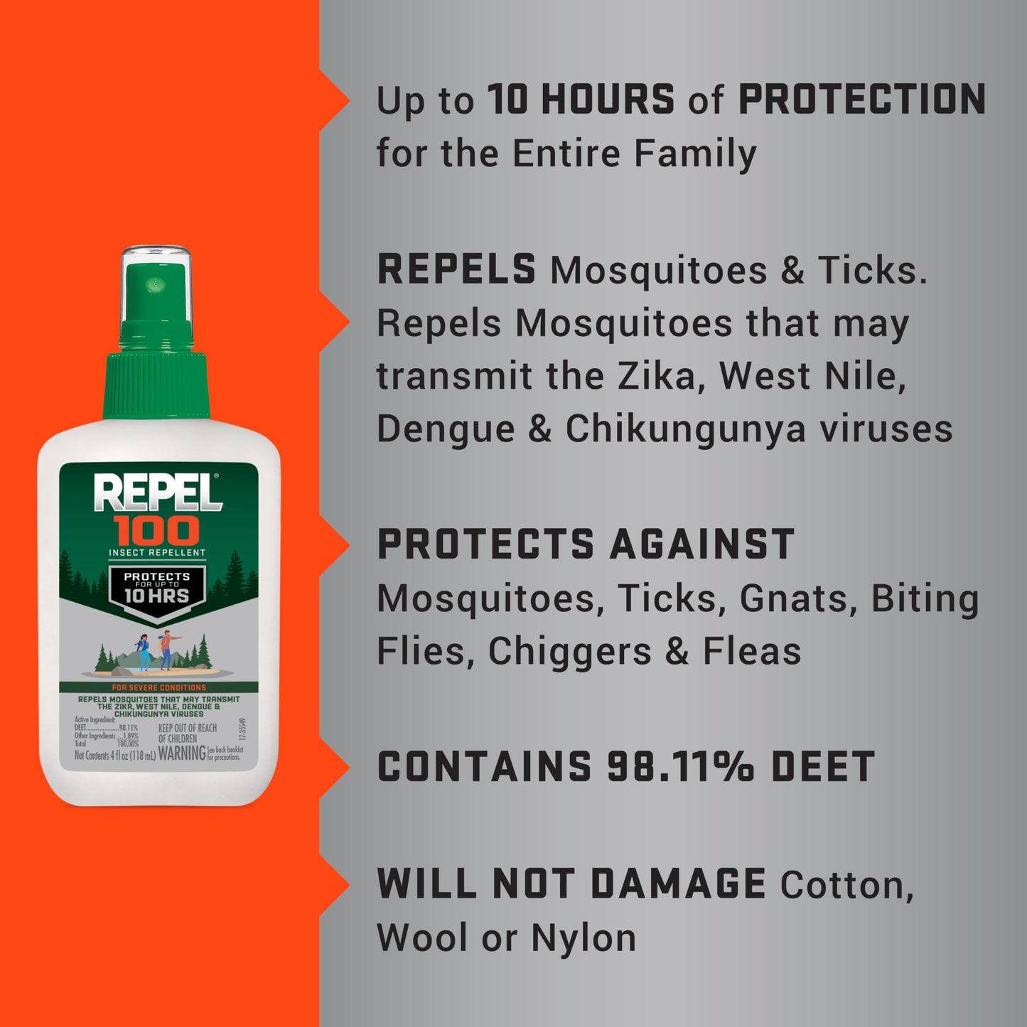Repel 100 Insect Repellent, 4 Ounces, With DEET, 10-Hour Protection Long-Lasting Insect Repellent Pump Spray Repels Mosquitoes, Ticks, Gnats, Biting Flies, Chiggers And Fleas