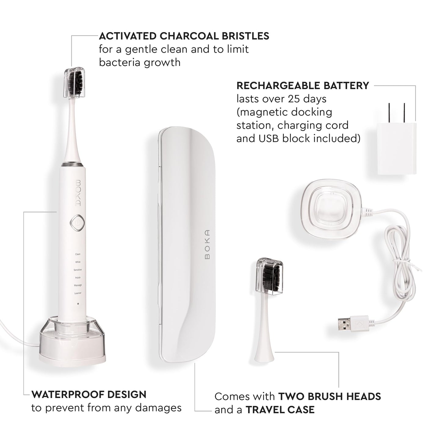 Boka 3.0 Electric Toothbrush for Adults w/ 2 Heads - Rechargeable Sonic Powered Tooth Brush - Charcoal Activated Bristles for Deep Cleaning - Dentist Recommended Oral Care - Charging Base w/Micro USB