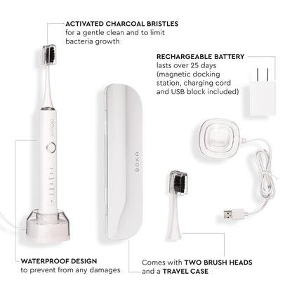 Boka 3.0 Electric Toothbrush for Adults w/ 2 Heads - Rechargeable Sonic Powered Tooth Brush - Charcoal Activated Bristles for Deep Cleaning - Dentist Recommended Oral Care - Charging Base w/Micro USB