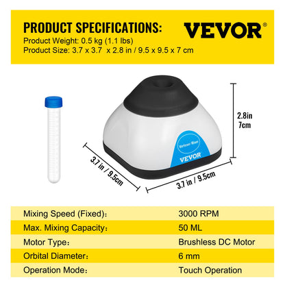 VEVOR Vortex Mixer, 3000RPM Mini Vortex Mixer Shaker, Touch Function Scientific Lab Vortex Shaker, Mix Up to 50ML, 6mm Orbital Diameter for Test Tube, Nail Polish, Eyelash Adhesives, Paint