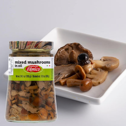 FRATELLI D'AMICO - Mixed Mushrooms in oil, Family-Size, 24.7 oz (700 g), Italian Appetizer, NON-GMO
