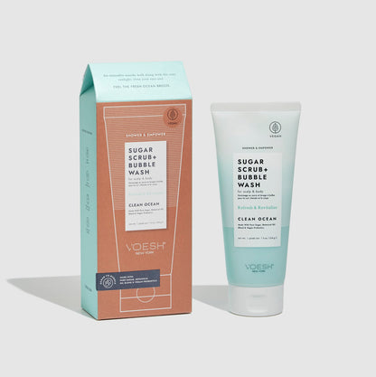 VOESH Sugar Scrub + Bubble Wash, Exfoliating Body Wash, Clean Ocean 2 Pack, Scalp Exfoliator, Scalp Care, Vegan Skin Care