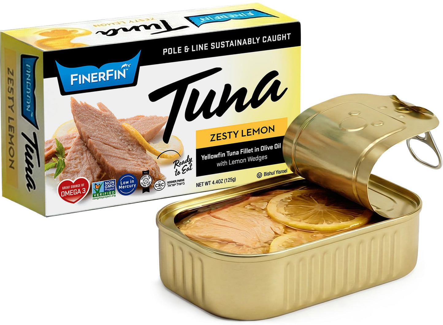 FinerFin Premium Zesty Lemon Yellowfin Tuna Fillets in Organic Extra Virgin Olive Oil, 4.4 oz | Hand Cut | Gourmet Ready-to-Eat Fillets | Gluten Free | Kosher