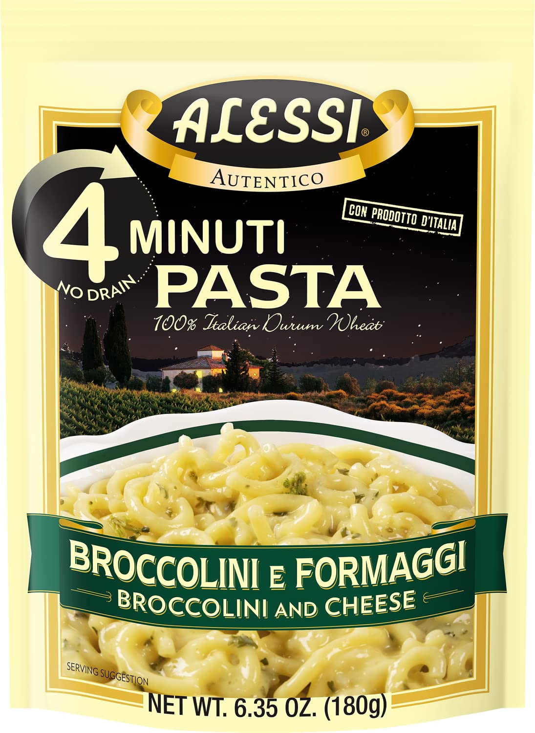 Alessi 4 Minute Pasta, One Dish Quick Meals, Stovetop or Microwave, Dinner or Side Ready in Minutes (Broccolini & Cheese, 6.35 Ounce (Pack of 6))