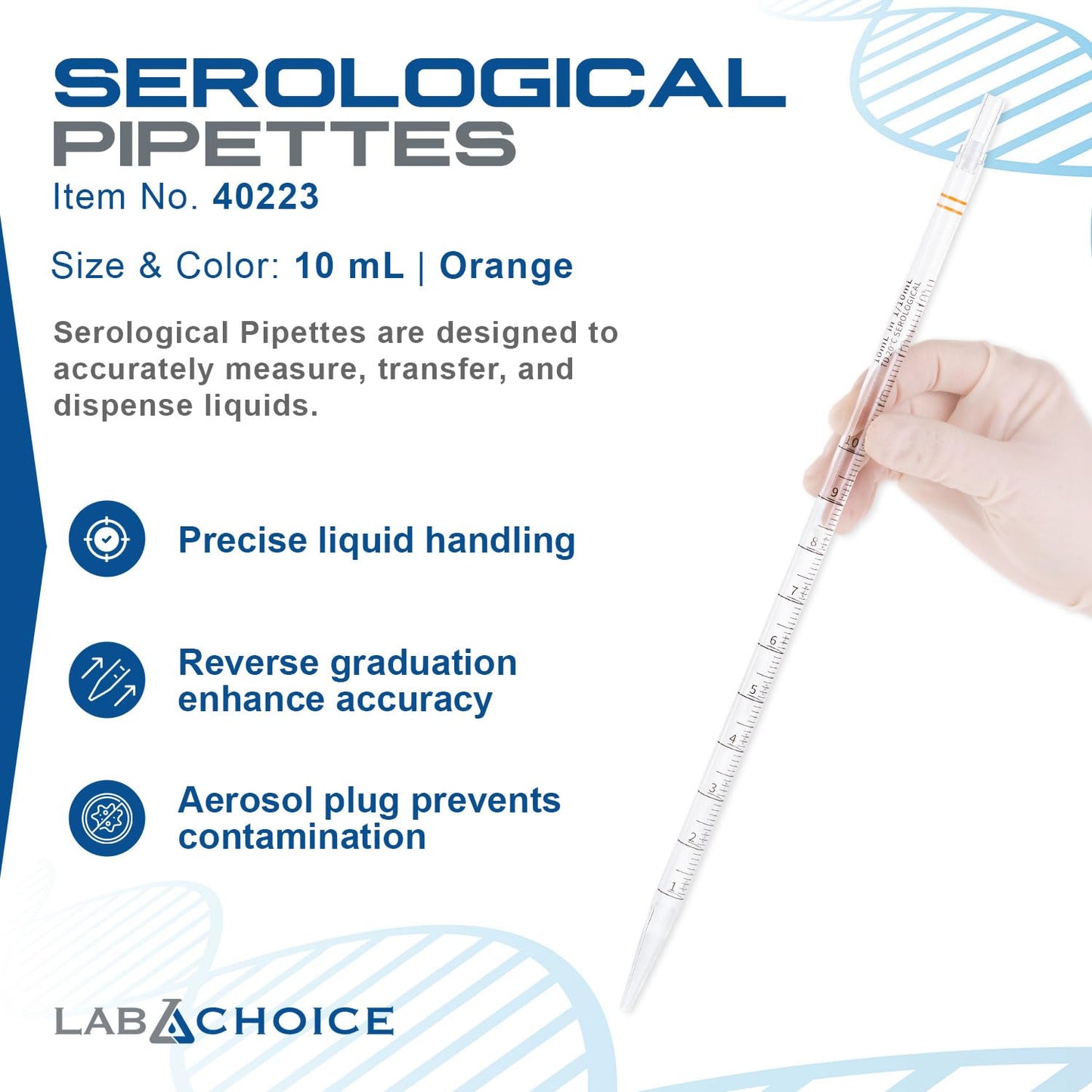 LabChoice Serological Pipettes - 200 Count - Plastic Disposable Sterile Pipettes, Individually Packed Graduated Transfer Pipette for Laboratory Use - 10mL, Orange