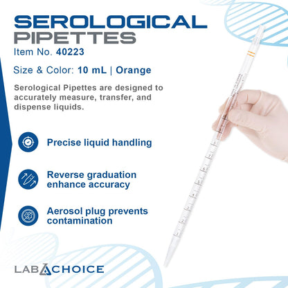 LabChoice Serological Pipettes - 200 Count - Plastic Disposable Sterile Pipettes, Individually Packed Graduated Transfer Pipette for Laboratory Use - 10mL, Orange