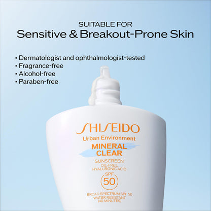 Shiseido Urban Environment Mineral Clear Sunscreen SPF 50 - Visibly Improves Skin Tone, Radiance, Wrinkles & Firmness - Water Resistant for 40 Minutes - Non-Comedogenic - 1 fl oz