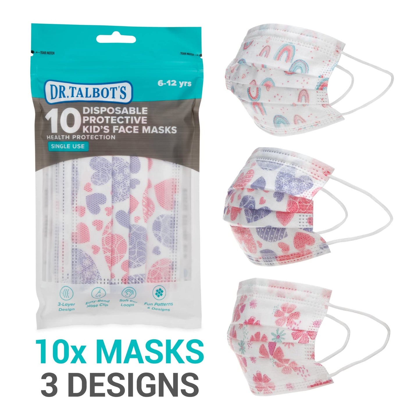 Dr. Talbot's Disposable Kid’s Face Mask for Personal Health by Nuby, 10 Pack, Girl, 6-12 years, Print and Packaging May Vary