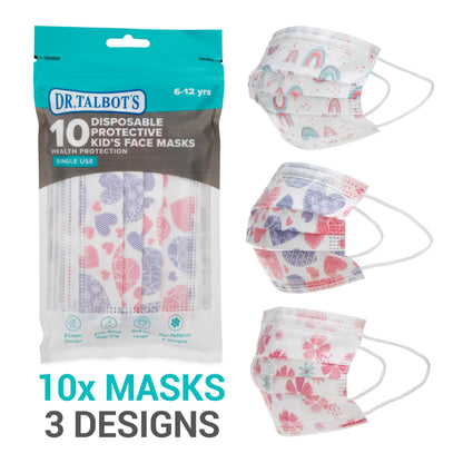 Dr. Talbot's Disposable Kid’s Face Mask for Personal Health by Nuby, 10 Pack, Girl, 6-12 years, Print and Packaging May Vary