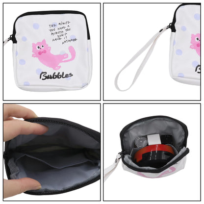 Period Bag Feminine Pads Storage Bag with Wrist Strap PU Tampon Holder Organizer Pouch Small Square Make Up Bag,Pink Cat