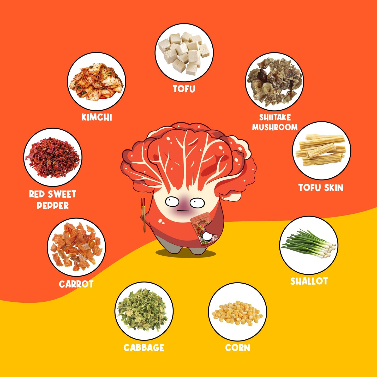 CHIRAMEN Kimchi Veggie Mix Dried Ramen Toppings, Kimchi, Mushrooms, Sweet Pepper, Tofu, Cabbage, Chives, Corn, Perfect for Cup Noodles and Dehydrated Vegetables Soup