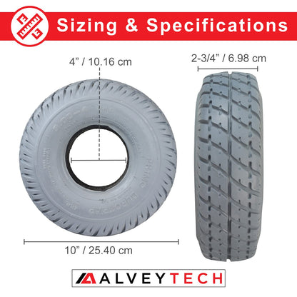AlveyTech 3.00-4 (10"x3", 260X85) Foam-Filled Mobility Tire with Durotrap C9210 Tread (2-5/8" Bead Width) - Replacement Scooter Flat-Free Tires for Electric Scooters, Non-Marking Gray (TIRSOLI1020)