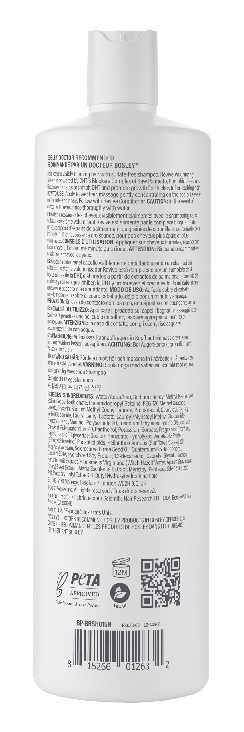 BosRevive Nourishing Shampoo for Thinning Hair (Color Safe) – DHT Blocker, Sulfate-Free, Vegan Formula with Biotin, Saw Palmetto & Rosemary – Strengthens & Volumizes – 33.8 Fl Oz