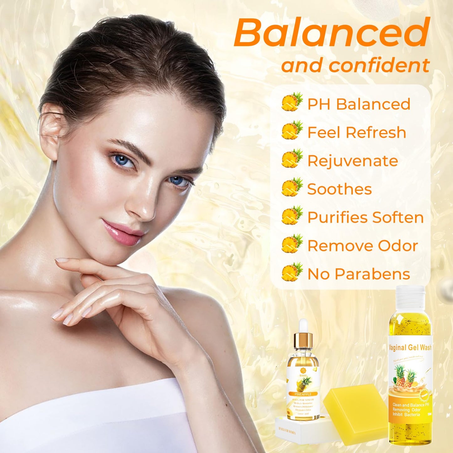 Feminine Wash & Yoni Oil & Yoni Soap Set for Women, Yoni Wash for Vaginal Ph Balance Remove Odor Moisturizing, 5.07 Feminine Wash & 1Fl.Oz Organic Essential Oil & 3.53oz Feminine Care Soap Pineapple