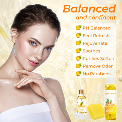 Feminine Wash & Yoni Oil & Yoni Soap Set for Women, Yoni Wash for Vaginal Ph Balance Remove Odor Moisturizing, 5.07 Feminine Wash & 1Fl.Oz Organic Essential Oil & 3.53oz Feminine Care Soap Pineapple