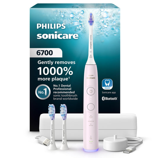 Philips Sonicare 6700 Series Electric Toothbrush - Next-Generation Sonicare Technology, Pressure Sensor, 9 Brushing Settings, SmarTimer, 21-Day Runtime, Travel Case, Light Pink, HX7412/04