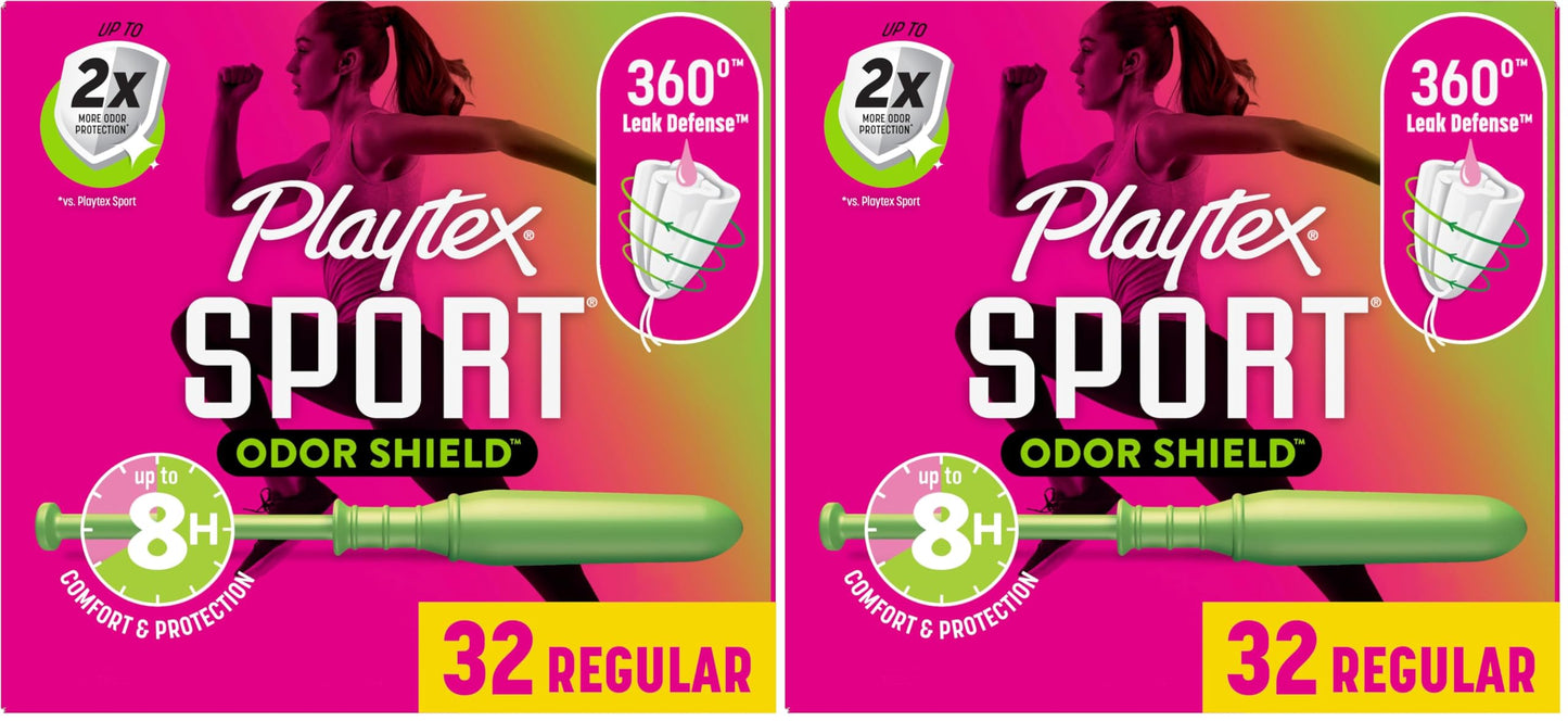 Playtex Sport Odor Shield Tampons, Regular Absorbency, Unscented - 32ct (Pack of 2)