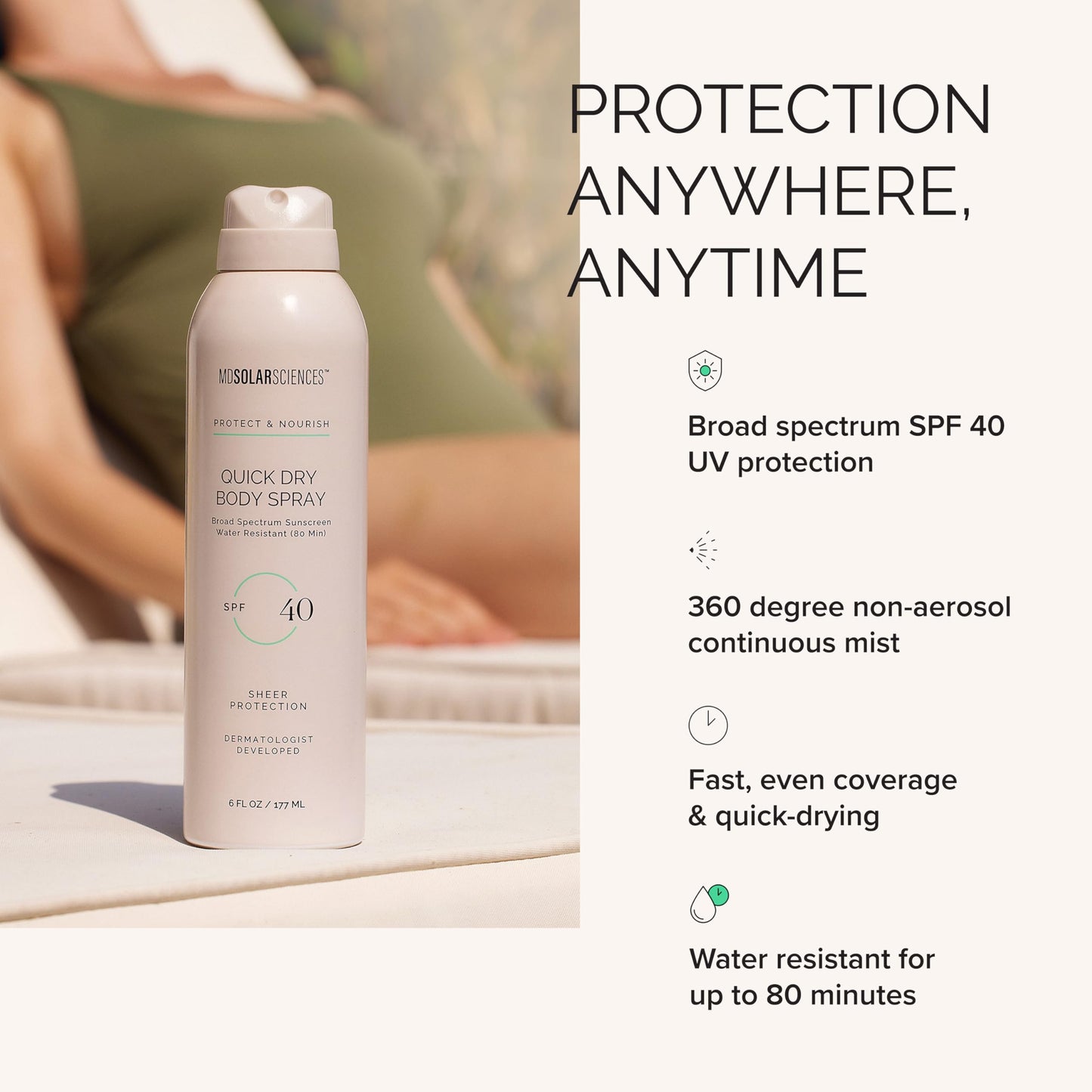 MDSolarSciences Quick Dry Body Spray SPF 40 | Water-Resistant, Broad Spectrum Sunscreen Spray | Indian Gooseberry, Vitamin C & Antioxidants Enriched | Non-Aerosol | Safe for Sensitive Skin (6 Fl Oz)