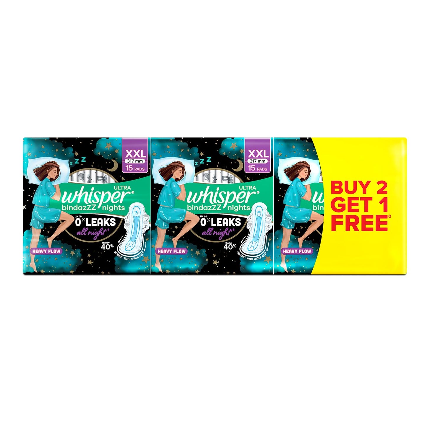 Whisper Ultra Night Sanitary Pads for Women, XL+ 15 (Pack of 3) Napkins