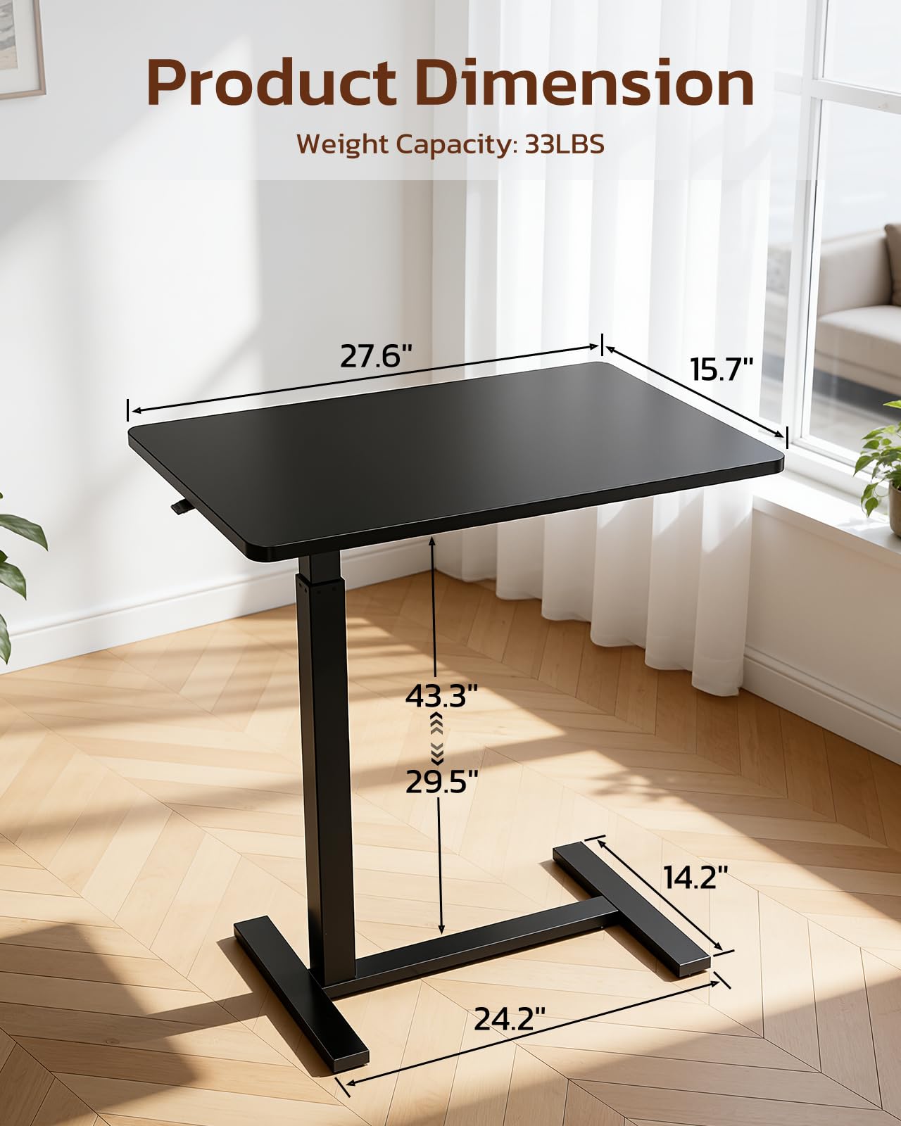 Overbed Bedside Table with Hidden Casters, Adjustable Pneumatic Mobile Laptop Computer Standing Desk, Rolling Laptop Table, Movable Overbed Table Hospital Home Use, Black