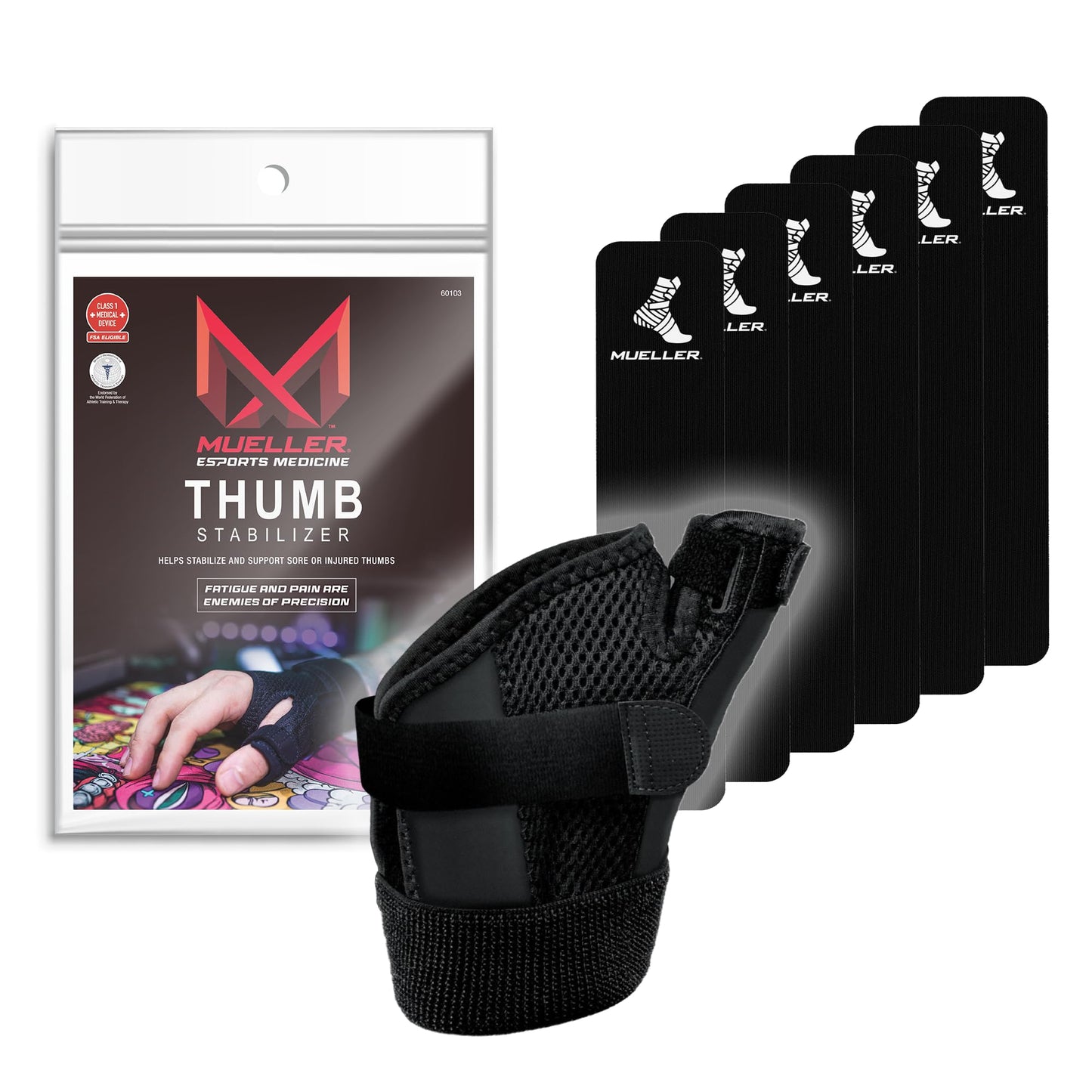MUELLER Esports Medicine Reversible Thumb Brace for Men and Women, Pain Relief Stabilizer with 6 KTape Strips, Ideal for Gamer's Thumb and Arthritis, Fits Right or Left Hand, Black, One Size