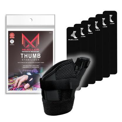 MUELLER Esports Medicine Reversible Thumb Brace for Men and Women, Pain Relief Stabilizer with 6 KTape Strips, Ideal for Gamer's Thumb and Arthritis, Fits Right or Left Hand, Black, One Size