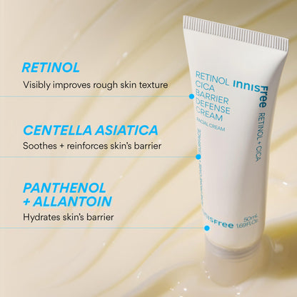 innisfree Retinol Cica Barrier Cream, Korean Moisturizer with Madecassoside for Sensitive, Acne-Prone Skin, Calming and Strengthening Formula