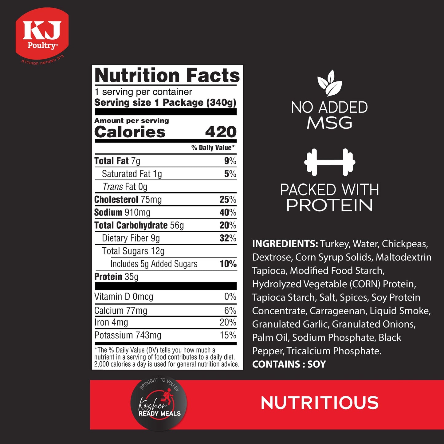 KJ Poultry Kosher Ready Meals - Turkey Shwarma, MRE Meat Meals Ready to Eat, Gluten Free, Halal, (1 Pack) Prepared Entree Fully Cooked, Shelf Stable Microwave Dinner, Travel, Military, Camping