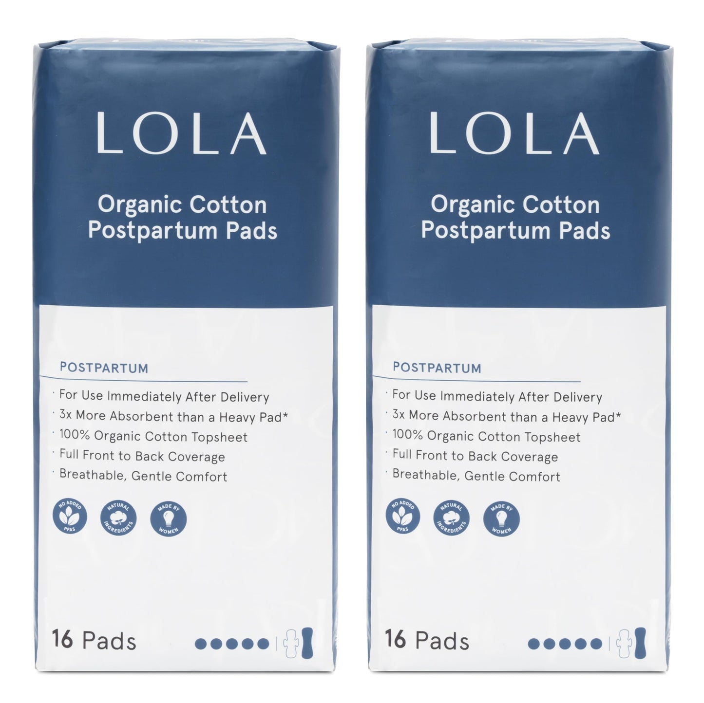 LOLA Organic Cotton Postpartum Pads - Max Absorbency Pads for Postpartum Bleeding - Extra-Long Overnight Liners for Women - Hospital Bag Essentials - 32 Count, Unscented