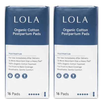 LOLA Organic Cotton Postpartum Pads - Max Absorbency Pads for Postpartum Bleeding - Extra-Long Overnight Liners for Women - Hospital Bag Essentials - 32 Count, Unscented