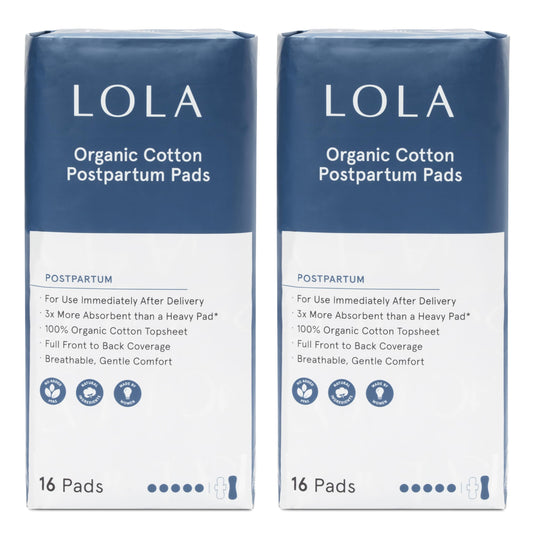 LOLA Organic Cotton Postpartum Pads - Max Absorbency Pads for Postpartum Bleeding - Extra-Long Overnight Liners for Women - Hospital Bag Essentials - 32 Count, Unscented