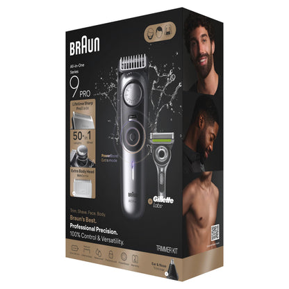 Braun Series 9 PRO All-in-One Beard & Body Grooming Kit for Men, Cordless Trimmer, Hair Clippers & Shaver for Face, Hair & Body with Gillette Labs Razor, AIO 9550