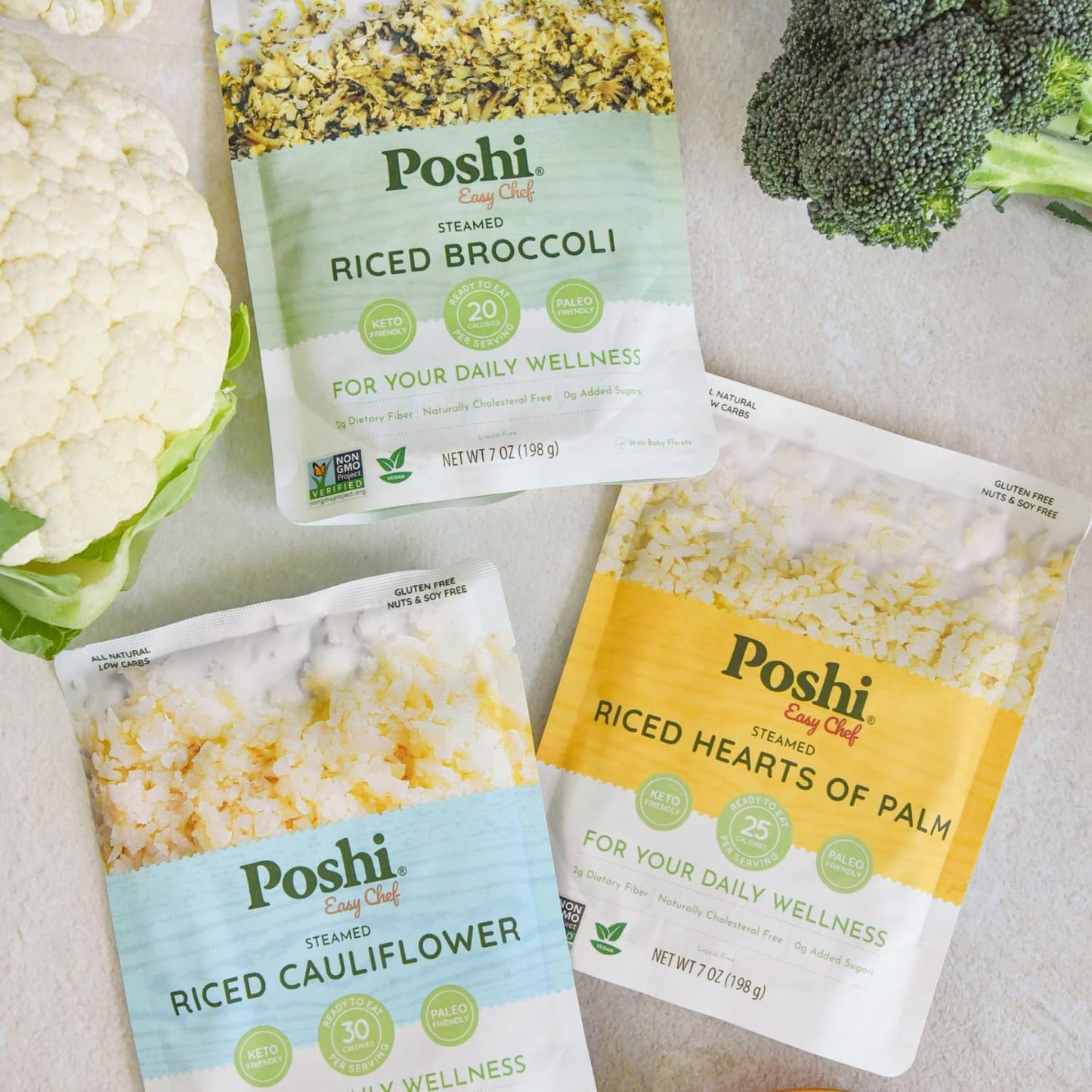 POSHI Riced Vegetables Variety Pack | Ready to Eat, All Natural, Non GMO, Low Calorie + Carb, Gluten Free, Vegetable Rice, Fully Cooked, Meals, On The Go, Plant-Based, Healthy, Veggies (7oz, 6 Pack)