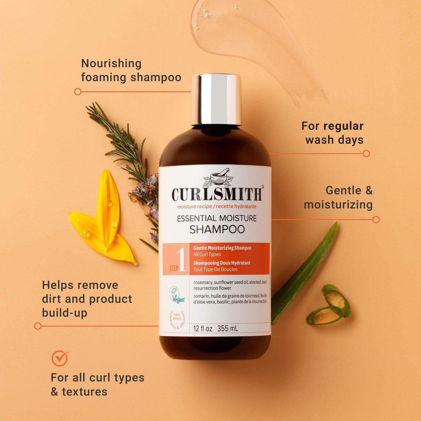 CURLSMITH - Essential Moisture Cleanser, Gentle Nourishing Shampoo for Wavy, Curly and Coily Hair, Vegan